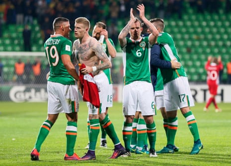 Republic of Ireland’s James McClean, second left, celebrates after the match with Jonathan Walters, Glenn Whelan and team-mates.