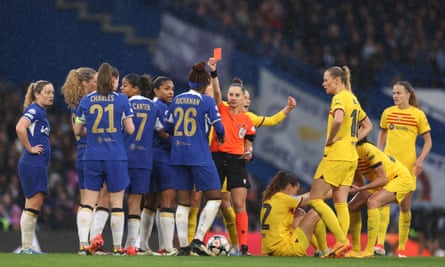 Kadeisha Buchanan of Chelsea receives a red card from the referee, luliana Elena Demetrescu.
