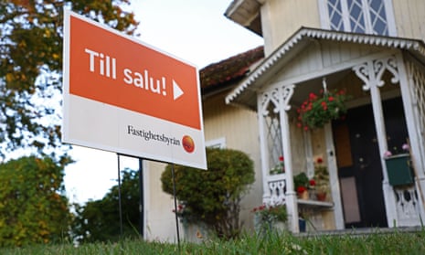 A ‘for sale’ sign outside a house in Motala, Sweden, 2022.