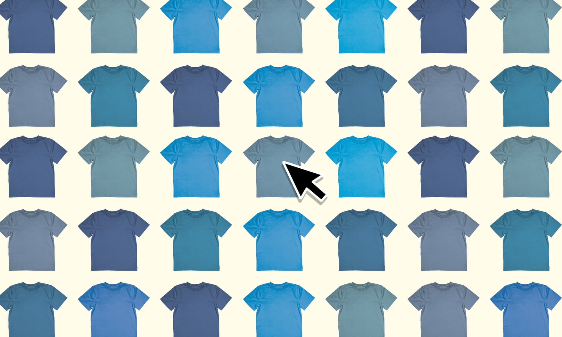 multiple slightly different blue t shirts with a computer cursor pointing at one