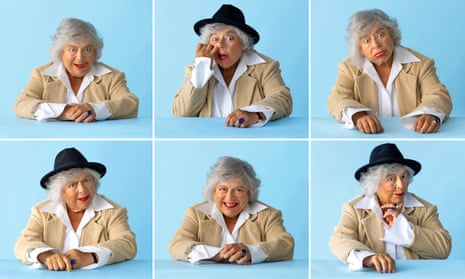 Composite of images of actor Miriam Margolyes in white shirt, beige jacket and black hat, against blue background