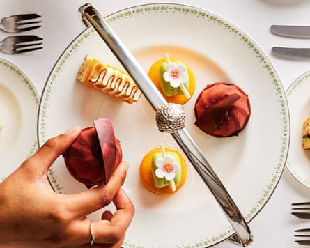Afternoon tea, photo taken from above, at Bettys in Harrogate, UK.