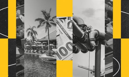 A collage of idyllic ocean resort and oil and gas industry infrastructure.