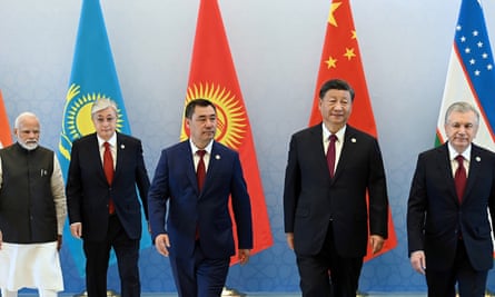 Xi with (left to right) the Indian prime minister, Narendra Modi; Kazakhstan’s president, Kassym-Jomart Tokayev; the Kyrgyz president, Sadyr Japarov and the Uzbek president, Shavkat Mirziyoyev, at an SCO summit in Uzbekistan.