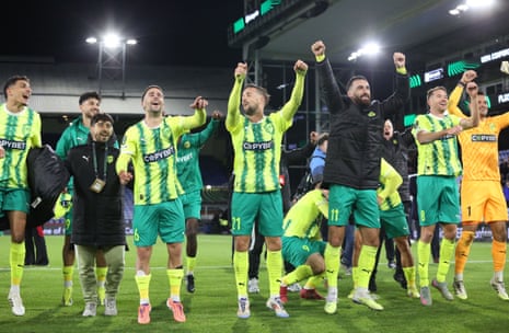 AEK Larnaca’s players milk the plaudits of their travelling fans after seeing off Crystal Palace at Selhurst Park.
