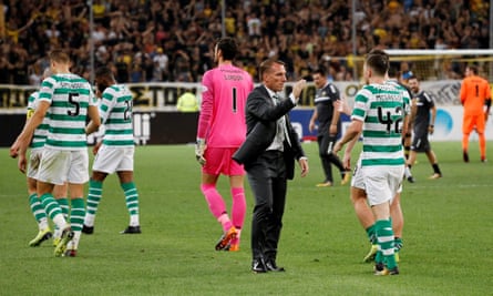 Brendan Rodgers consoles his Celtic players after a third qualifying round Champions League exit at AEK Athens in August 2018.