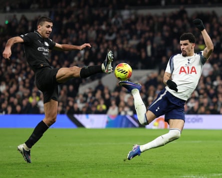 Dominic Solanke (right) of Tottenham Hotspur scores his team’s second goal during the Premier League match between Tottenham Hotspur and Manchester City.