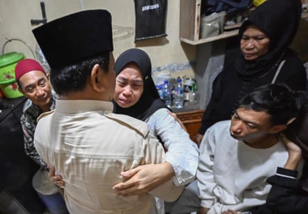 President Prabowo Subianto meets the family of Affan Kurniawan, a ride-hailing driver Affan Kurniawan who was run over and killed by police during protests in Jakarta on Thursday.