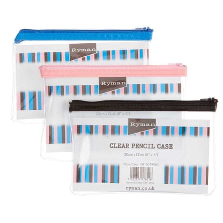Three Ryman Clear Pencil Cases, One has a black zip, one a pink and one a blue.