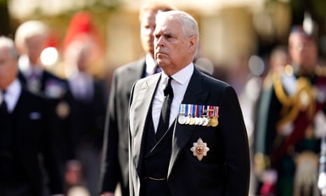 Prince Andrew, a close friend of Jeffrey Epstein, at the procession for the lying in state of his late mother on Wednesday.