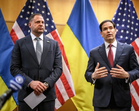 US Secretary of State Marco Rubio (R) and Ukraine's Presidential Office Chief of staff Andriy Yermak hold a press conference following their closed-door talks on a US plan to end the war in Ukraine yesterday.