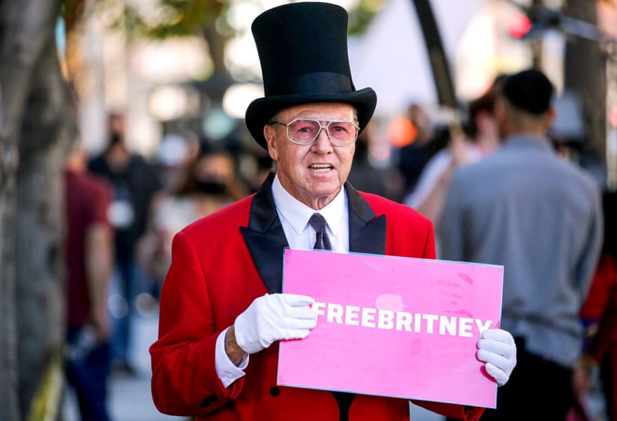 Gregg Donovan, a famous Hollywood greeter, joins the #FreeBritney supporters outside the courthouse in Los Angeles.