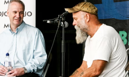 Colin Irwin, left, interviewing American blues musician Seasick Steve at the Cambridge Folk Festival, 2010