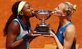 Coco Gauff and Katerina Siniakova kiss their trophy after winning the women's doubles final at the French Open
