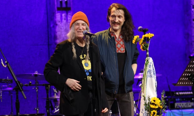 Patti Smith with Eugene Hütz during a benefit for Ukraine at City Winery, New York, last month.