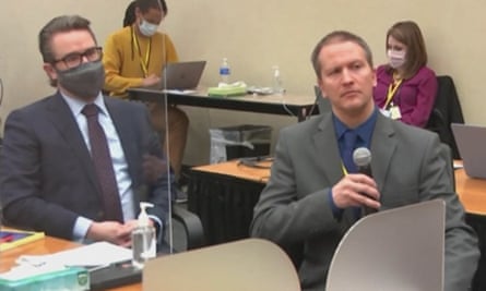 The Minneapolis police officer Derek Chauvin (right), who is accused of killing George Floyd, telling the presiding judge that he has decided not to testify in his own defense. “I will invoke my 5th amendment privilege today,” Chauvin said, using a microphone in court.