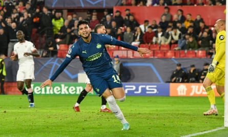 Ricardo Pepi wheels away after heading the winner at Sevilla and edging PSV towards the Champions League last 16.