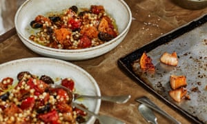 Roast squash fregola with late tomatoes and spice.