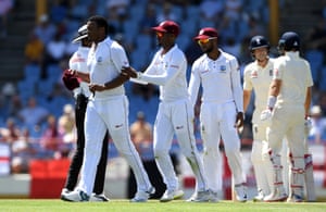 Shannon Gabriel is heralded by Kraigg Brathwaite after confronting Joe Root and Joe Denly.