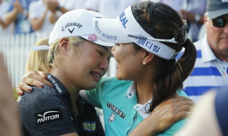 Jeongeun Lee6 weeps while embracing fellow South Korean Ryu So-yeon after securing victory at the US Women’s Open.