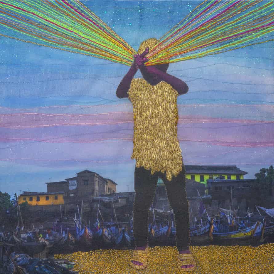 Unstoppable: ‘The picture was shot in Jamestown, Accra. A little boy crosses his arms in a gesture of superhero. Rays of coloured threads come out of his hands. This refers to self-empowerment, the power of determination, hope and pride of a young black African kid.”