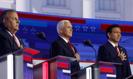 Chris Christie, Mike Pence and Ron DeSantis at the start of at the first Republican candidates' debate.
