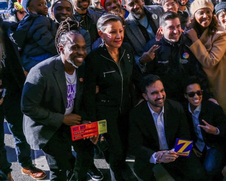 New York City mayoral electionNational Director of the Working Families Party Maurice Mitchell, New York Attorney General Letitia James and Democratic candidate for New York City mayor, Zohran Mamdani pose for a photo with voters, during the New York City mayoral election, at the PS 20 The Clinton Hill School, in the Brooklyn borough of New York City, U.S., November 4, 2025. REUTERS/Kylie Cooper