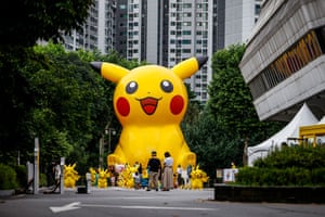 A giant Pikachu is paraded during the 2022 Seoul ePrix, South Korea