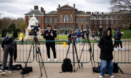 Members of the media stand outside Kensington Palace, the residence ​of Catherine Princess of Wales,⁢ in London