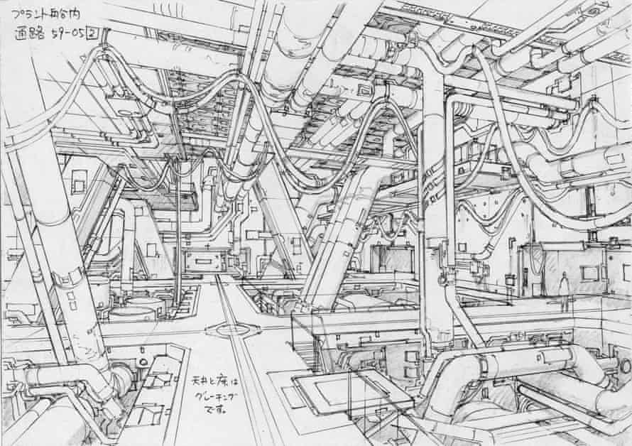 #2 concept design for Scene 59, cut 5 of Ghost in the Shell 2: Innocence (2004). Layout artist Takashi Watabe drew meticulously detailed pencil sketches, inventing fictitious yet realistic environments of dazzling complexity.