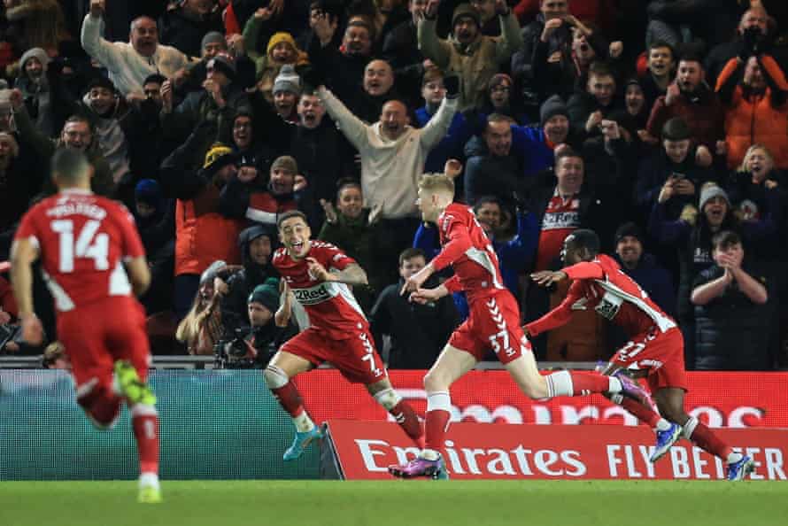 Middlesbrough’s Josh Coburn (second right) celebrates with team-mates after scoring.