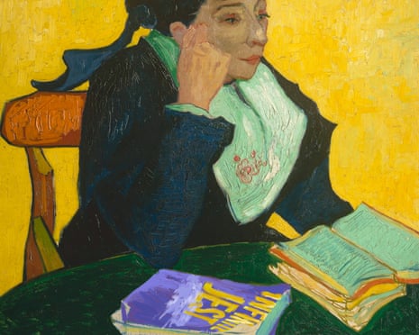 Post-impressionist style illustration of a woman reading Infinite Jest at a table