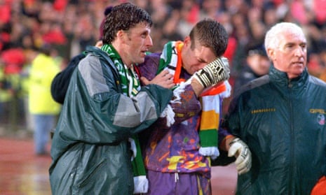 Andy Townsend consoles Shay Given after Ireland’s defeat to Belgium in 1997.