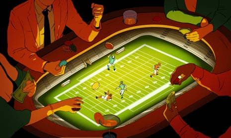 An illustration of people placing bets on a gambling table, which shows a football field with players on it