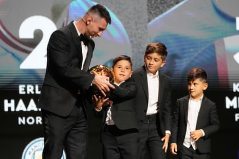 Lionel Messi and sons Thiago Messi, Mateo Messi Roccuzzo and Ciro Messi Roccuzz celebrate after Messi won the 2023 Ballon D’or.