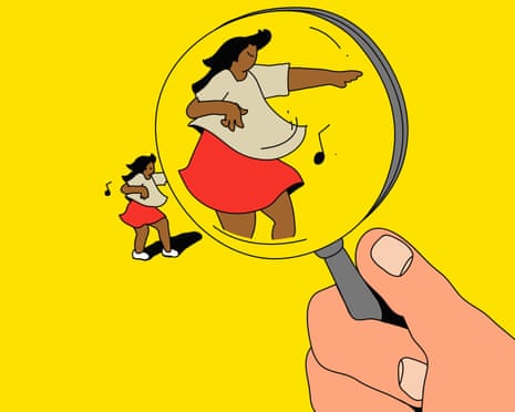 an illustration of a woman wearing a red skirt and a fawn-coloured top dancing and being looked at under a magnifying glass