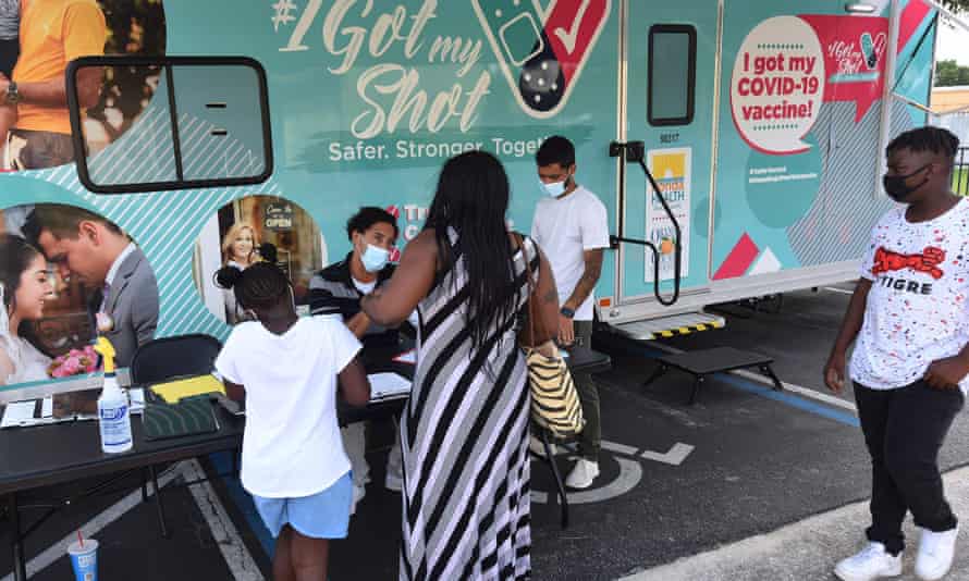 A vaccination site in Orlando.  The state ranks 25th in the United States, with 48.1% of eligible people fully vaccinated.