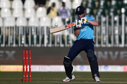 Harry Brook leans back and plays a shot with the ball close to his bat