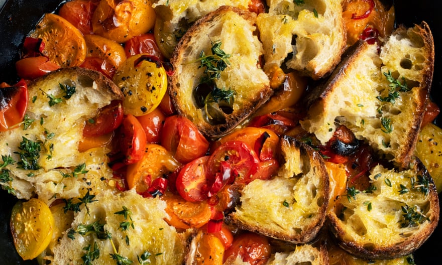 ‘Toast the bread under the grill until pale gold and lightly crisp on one side. The underside should still be juicy’: roast tomatoes, thyme and garlic toasts.