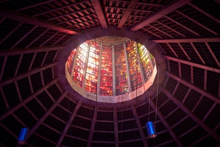 Interior of Liverpool’s Catholic cathedral, looking up at the spire.