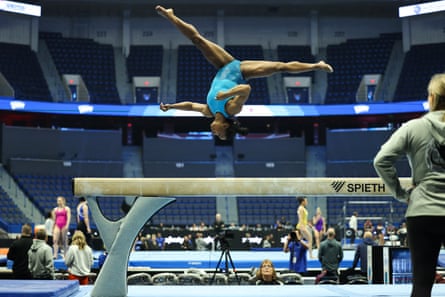 Simone Biles performs during podium training on Friday ahead of the US Classic in Hartford.