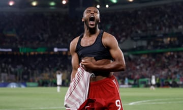 Olympiacos' Ayoub El Kaabi celebrates after opening the scoring in the dying minutes of extra time in the Europa Conference League final against Fiorentina.