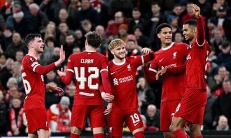 Cody Gakpo scores the sixth goal for rampant Liverpool against Sparta Prague.