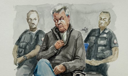 Courtroom sketch showing Dominique Pelicot sitting holding a microphone, flanked by two police officers