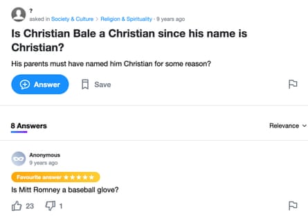 A screengrab from a Yahoo! Answers page asking: Is Christian Bale a Christian since his name is Christian?