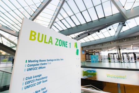 A meeting board at the Bonn UN climate change conference – Bula is a fijian word used in greeting