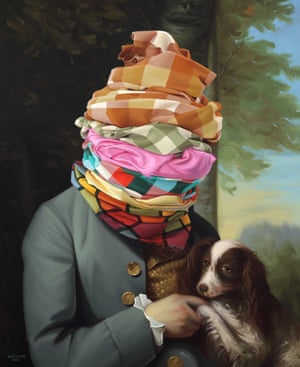 Various Fabrics, John Park with Dog (after Stuart) by artist Shawn Huckins from his series of paintings Dirty Laundry.