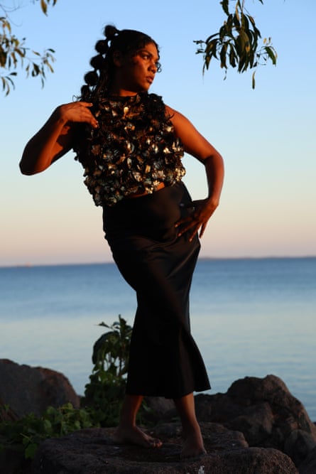 Model Jadene Croft wears a jacaranda seed top by Cleonie Quayle