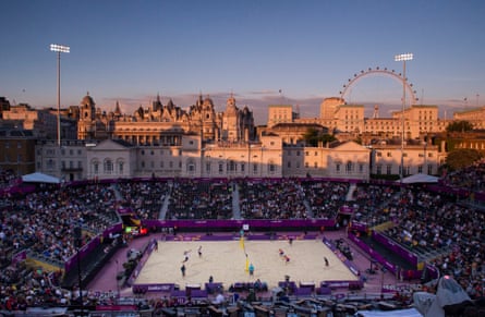 Beach volleyball during the first evening session at Horse Guards Parade in 2012