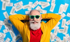 High angle view photo of positive smiling grandfather lying floor with money millionaire isolated on blue color background<br>2FP026N High angle view photo of positive smiling grandfather lying floor with money millionaire isolated on blue color background